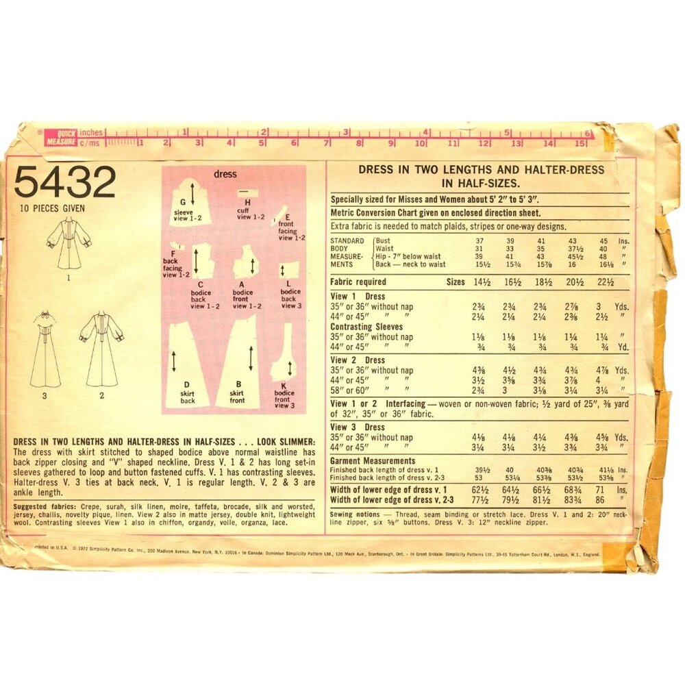 Simplicity 5432 Vintage Sewing Pattern Dress In 2 Lengths & Halter Dress 1970'S - Picture 2 of 4